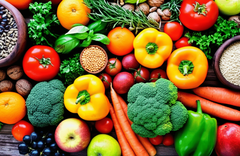 Riqueza Nutricional Ancestral Ingredientes frescos e coloridos da culinária ancestral em uma mesa rústica.