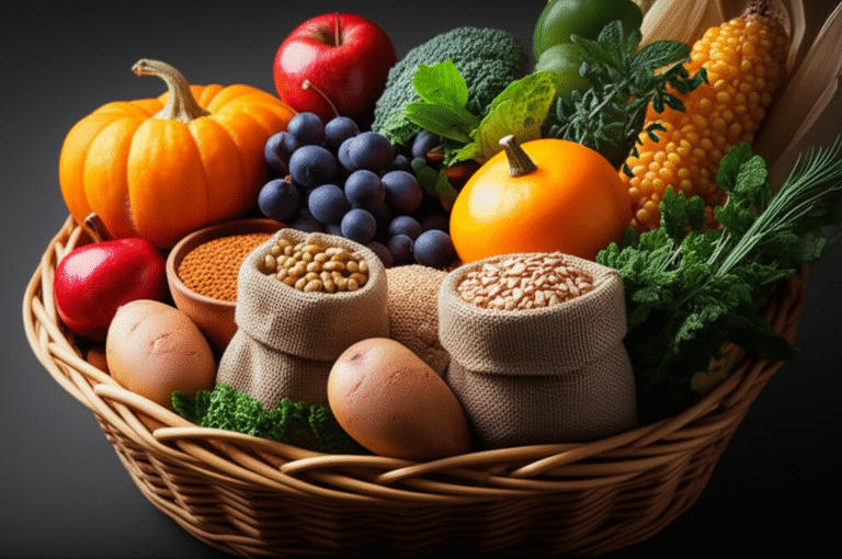 Ingredientes Frescos da Culinária Ancestral Vegana Variedade de frutas, legumes e grãos frescos em uma cesta.