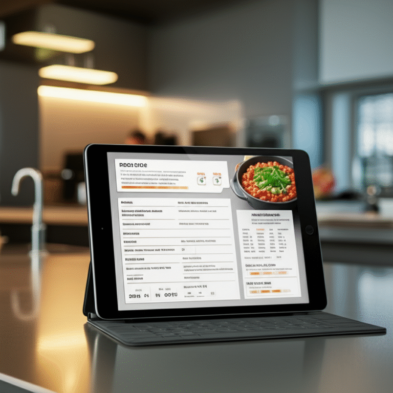 Receitas Personalizadas com IA Receita gerada por IA exibida em um tablet na cozinha