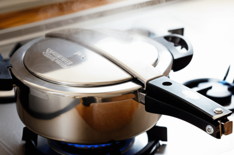 Técnicas Rápidas na Cozinha Panela de pressão agilizando o cozimento de feijão.