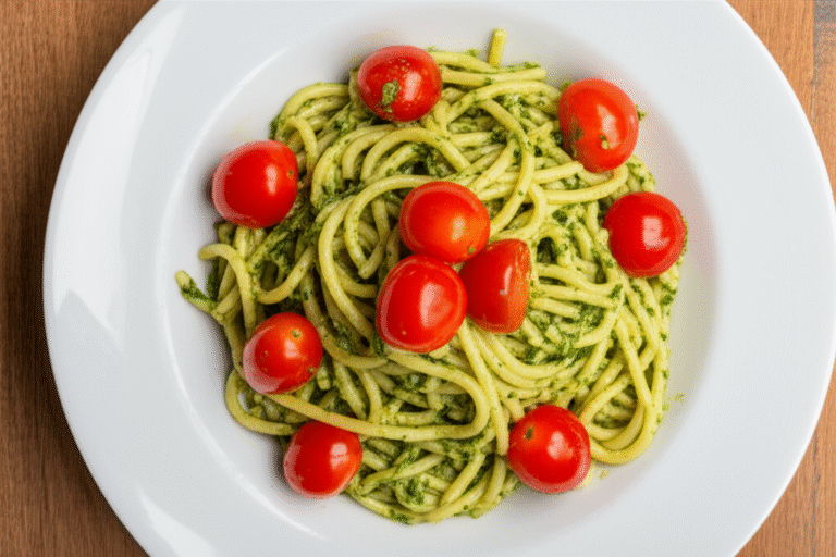 Receitas Rápidas e Saborosas Macarrão com pesto e tomate cereja pronto para servir.