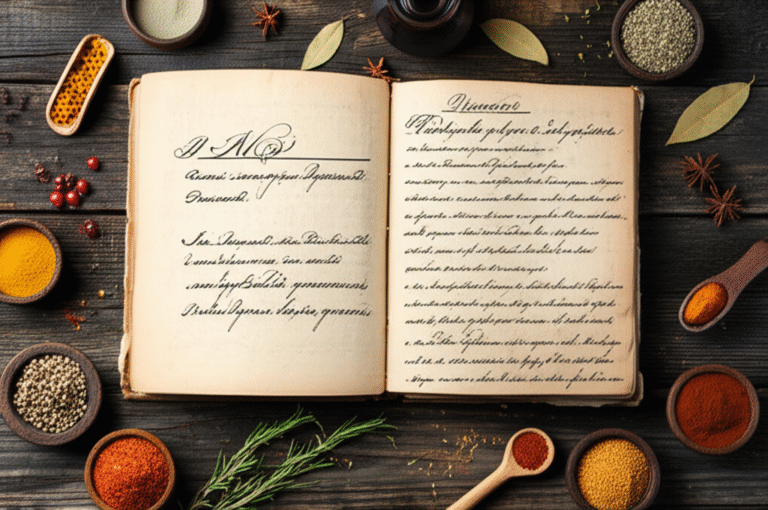 Receitas Históricas Reveladas Livro de receitas antigo aberto em uma mesa de madeira rústica