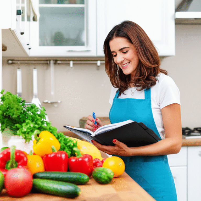 Planejamento Semanal de Cardápio Mulher sorrindo planejando cardápio semanal na cozinha