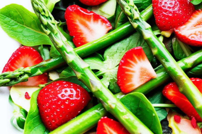 Salada Fresca de Primavera Salada de primavera com morangos, aspargos e folhas verdes