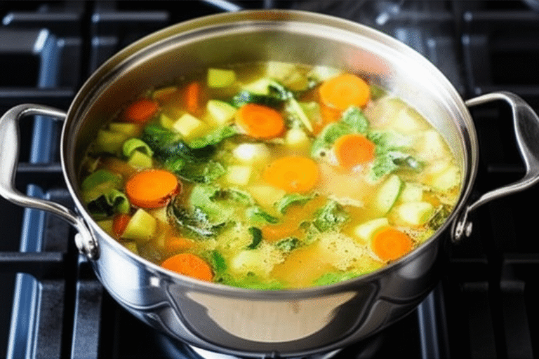 Caldo de Legumes Caseiro Panela com caldo de legumes fervendo