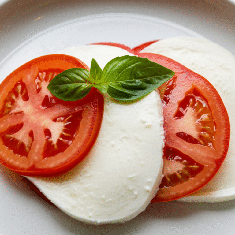 Culinária Minimalista com Ingredientes Frescos Prato de tomate e mussarela com manjericão fresco.