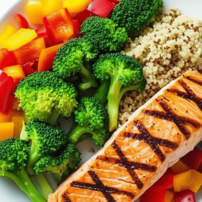 Poder da Alimentação Anti-Inflamatória Prato colorido com salmão, vegetais e quinoa.