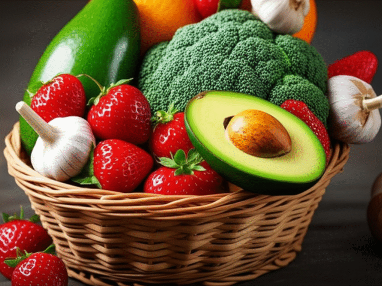 Alimentos Anti-Inflamatórios Cesta de frutas e vegetais frescos.
