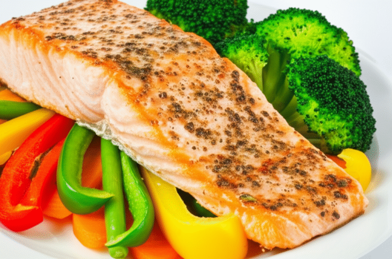 Salmão Anti-Inflamatório Salmão assado com legumes.