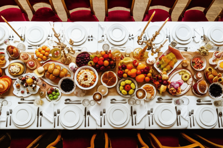 Opulência e Requinte na Culinária Real Mesa de banquete real com iguarias e decoração luxuosa