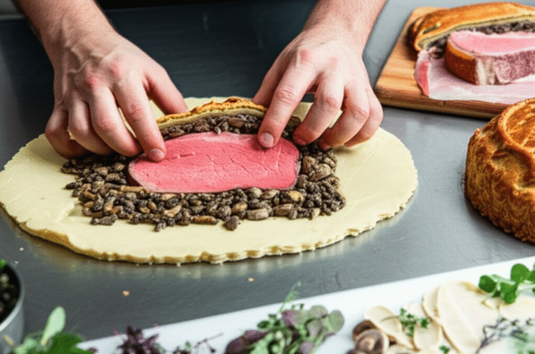 Beef Wellington Modernizado Chef preparando uma versão moderna do Beef Wellington