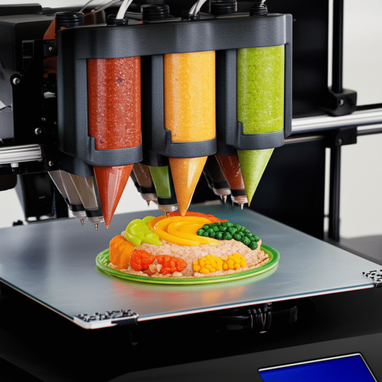 Impressão 3D de Alimentos: Uma Revolução na Culinária Impressora 3D produzindo alimento com ingredientes nutritivos.