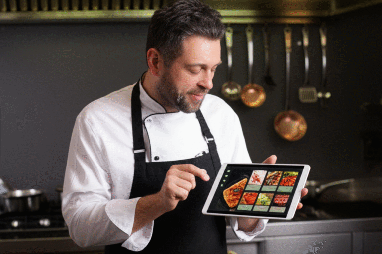 IA na Culinária: Receitas Personalizadas e Inovadoras Chef de cozinha utilizando aplicativo de IA para criar receita.