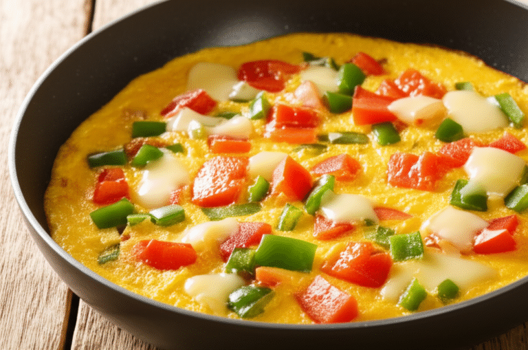 Omelete Rápida e Deliciosa Omelete com legumes frescos em uma frigideira
