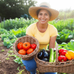 Agricultora colhendo legumes frescos em horta local.
