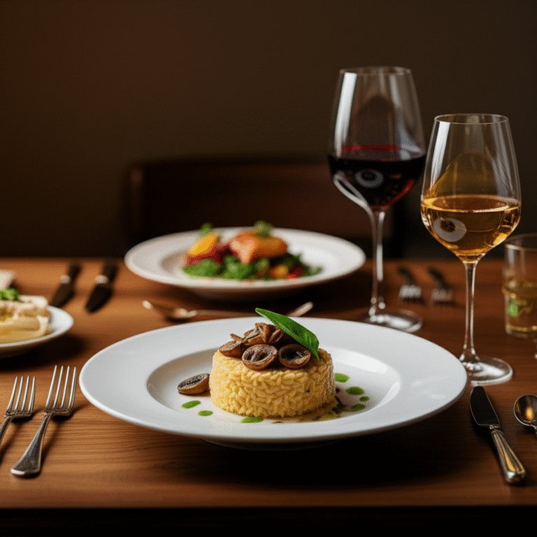 Harmonização de Vinhos e Sabores Taças de vinho com prato de comida, representando os sabores básicos.