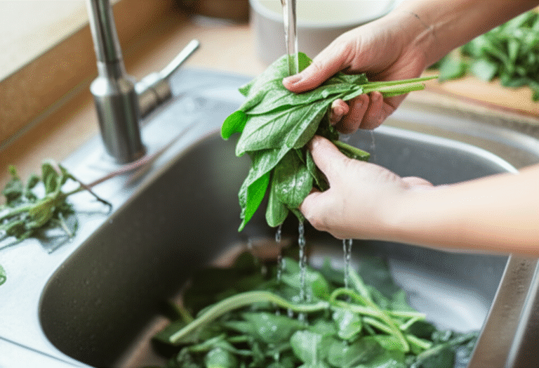 Preparando PANCs para o consumo Mulher lavando folhas de PANC na cozinha