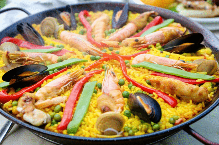 Receita de Paella Espanhola Autêntica Paella espanhola sendo preparada em uma panela grande