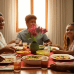 Mesa de jantar com família reunida saboreando uma refeição.
