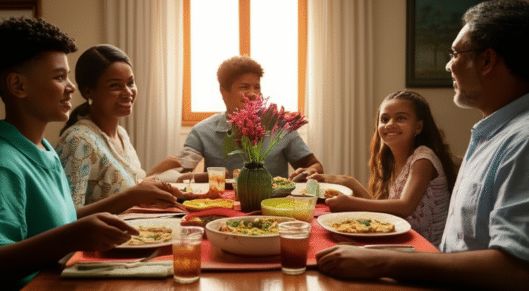Momentos Especiais à Mesa Mesa de jantar com família reunida saboreando uma refeição.