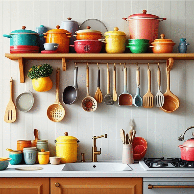 Cozinha Aconchegante Utensílios de cozinha coloridos e decorativos em uma prateleira.