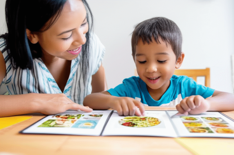 Planejamento Alimentar Infantil Mãe e filho planejando cardápio semanal