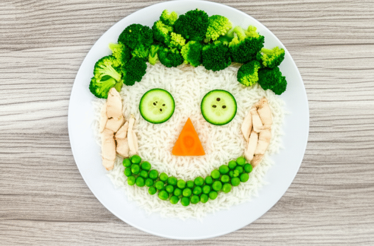 Apresentação Criativa de Prato Infantil Prato infantil decorado com legumes e frutas