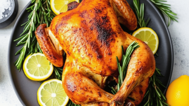 Frango Assado com Alecrim e Limão Prato de frango assado com alecrim e limão