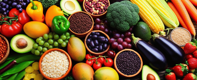 Ingredientes Integrais e Frescos Mesa farta com ingredientes integrais e frescos.