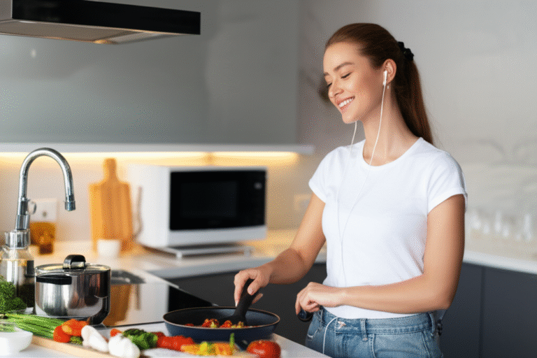 Relaxamento na Cozinha Mulher cozinhando relaxada com música de fundo
