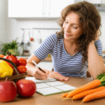 Mulher planejando cardápio semanal em um caderno