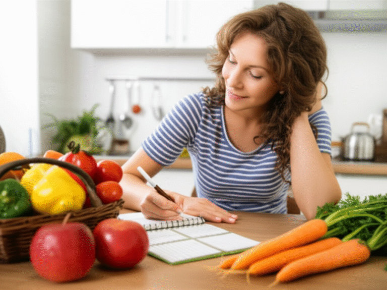 Mulher planejando cardápio semanal em um caderno