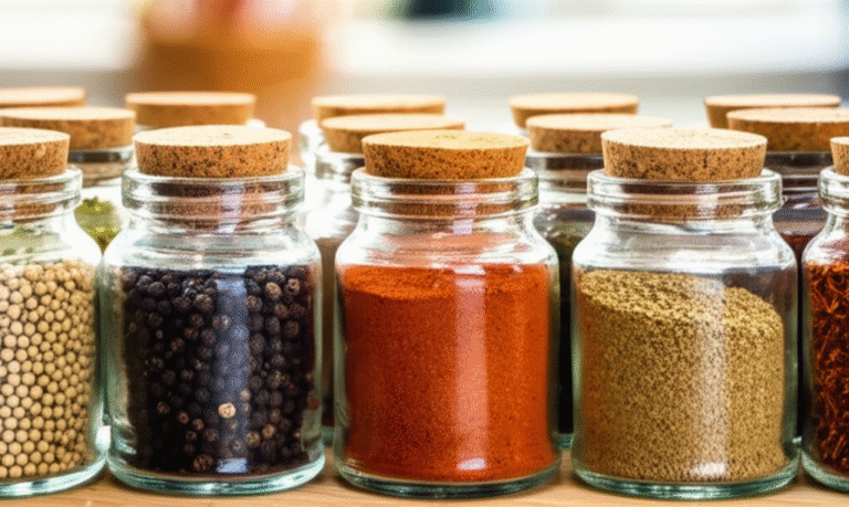 Diversas especiarias coloridas em potes de vidro